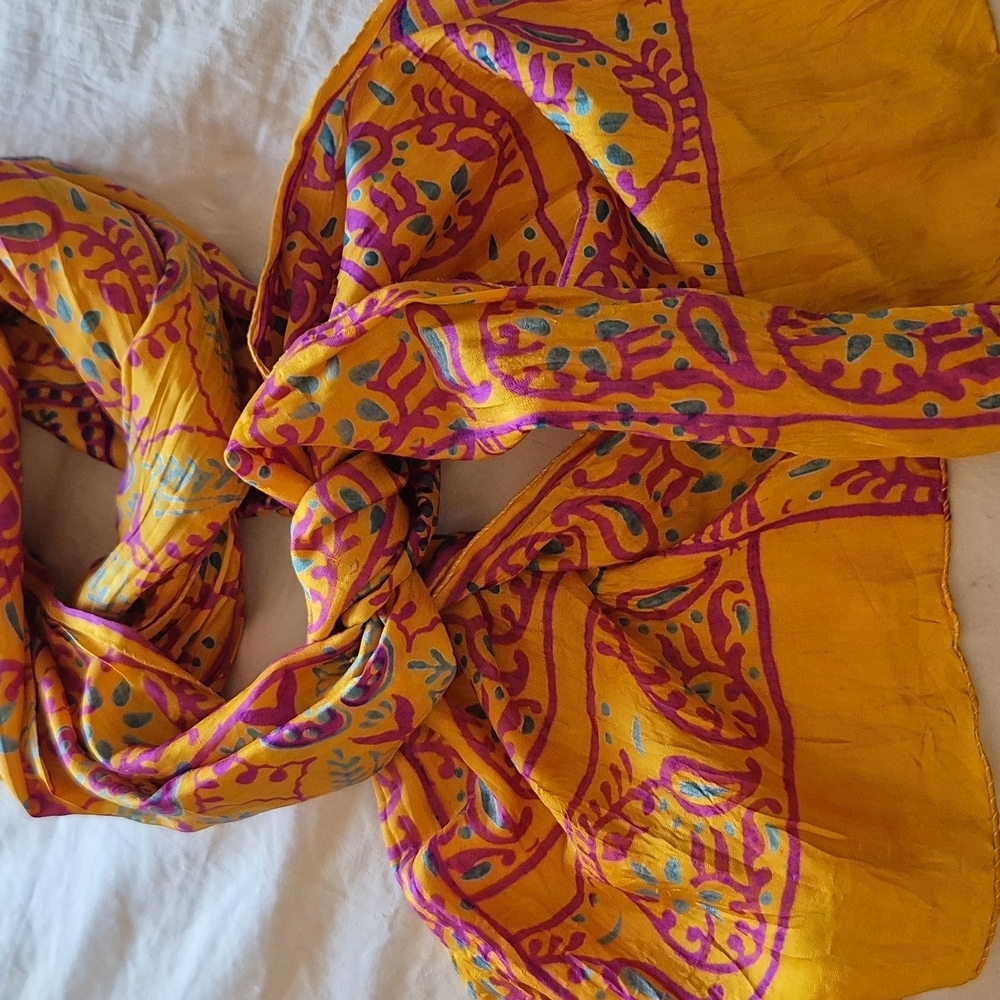 Vibrant Yellow and Pink Paysley Silk Handpainted Patterned Scarf - Picture 2 of 10